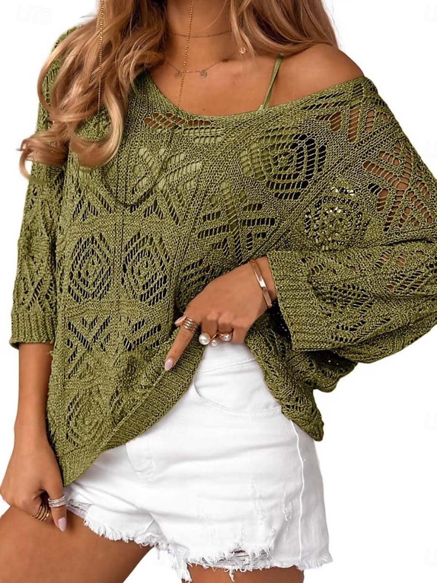 Femme Pull Chandail Décontractées Flexible Couleur monochrome A côtes Col V Tricoté Troué Manches 3/4 Hauts réguliers Tricoter Extérieur du quotidien Fin de semaine Vert Bleu clair Eté Printemps de 2025 ? $38.99 –P5