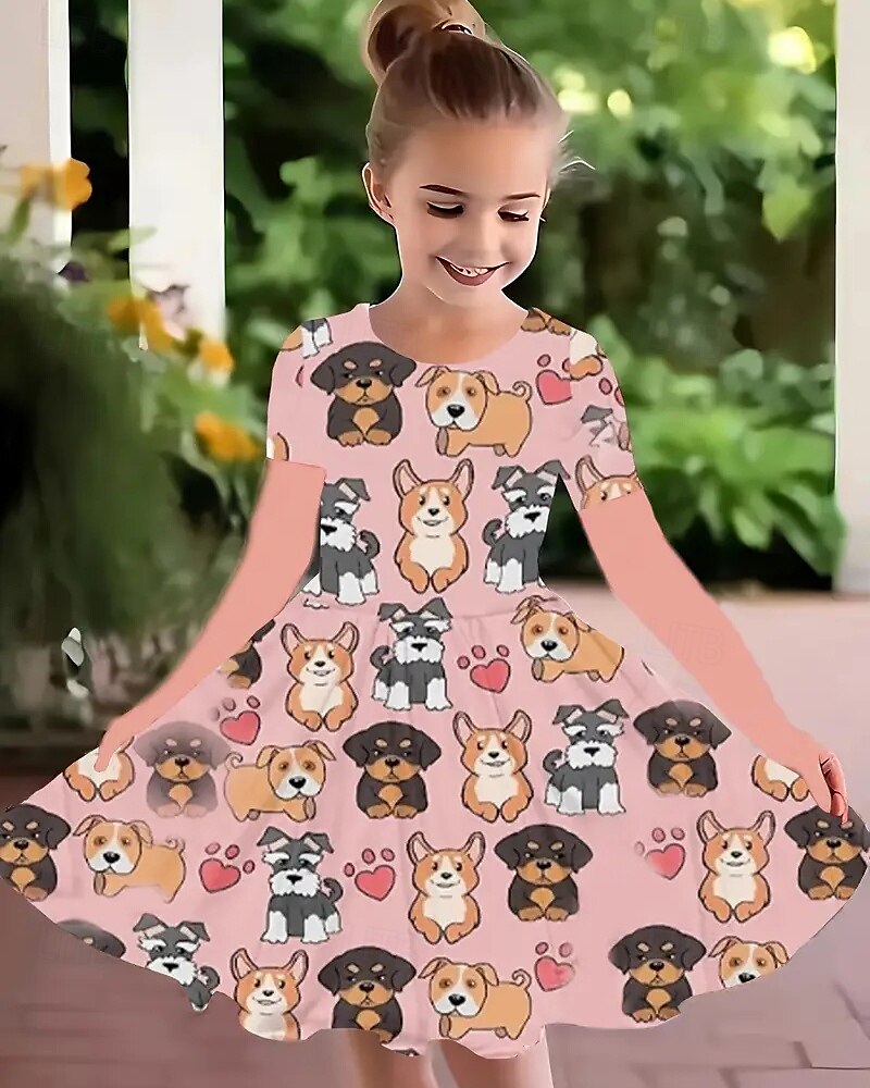 Girls ' 3D Grafika Pes Šaty Dlouhý rukáv Léto Jaro Dovolená Denní Princeznovské Krásná Sladký Děti 4-12 let Volnočasové šaty Áčkové šaty Délka ke kolenům Běžný 2025 - $16.99 –P1