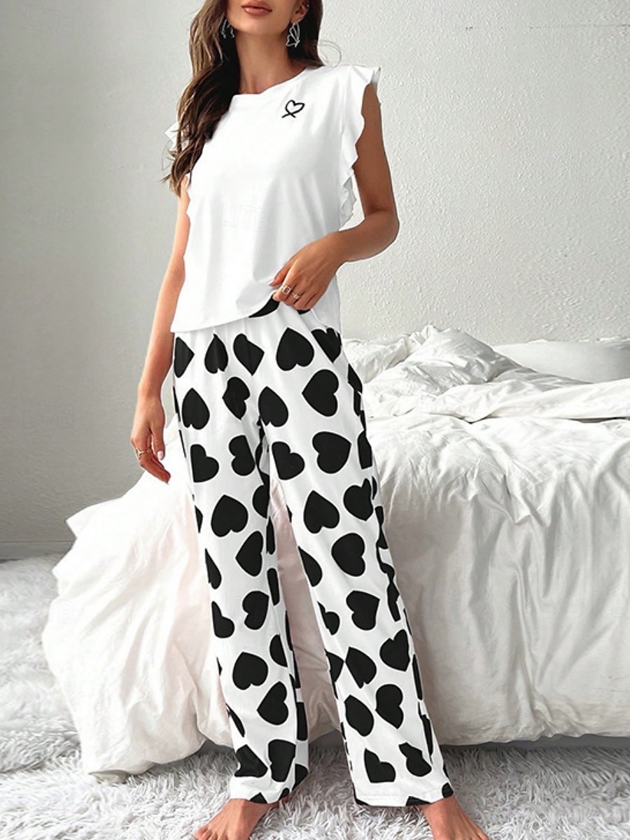 Women's Pajama Set Casual Comfort Heart Ruffle Elastic Waist Tank Top Pant Home Valentine's Day Daily Sleeveless Crew Neck Black Pink Red Summer Spring Fall Regular Fit 2025 - $21.99 –P7