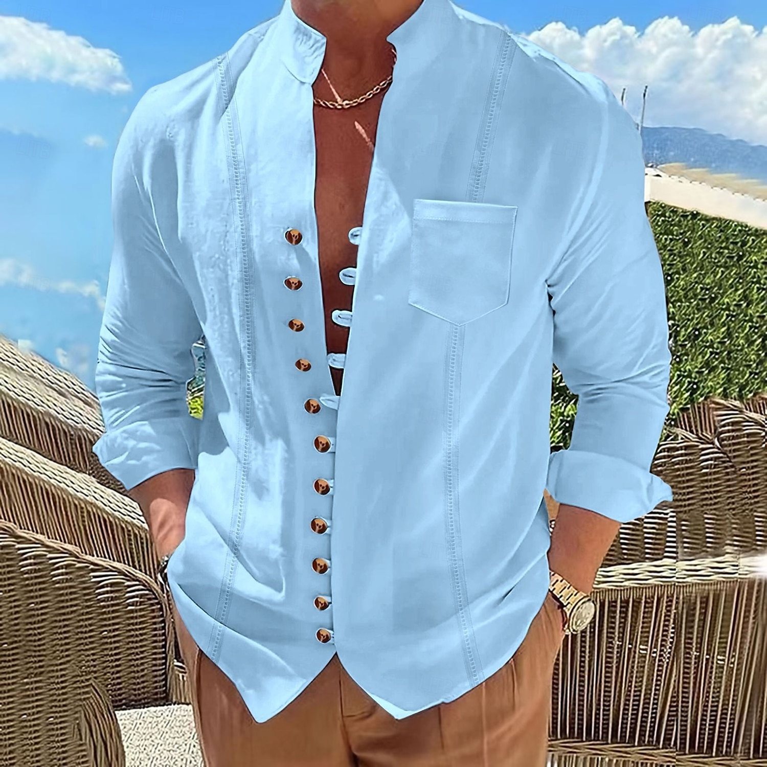 Per uomo Camicia Camicia di lino Camicia Guayabera Camicia Estiva Camicia casual Camicia con Bottoni Semplice Vacanza Crociera Nero Bianco Rosa Cachi Manica Lunga Colletto alla coreana Estate del 2025 a $26.99 –P2