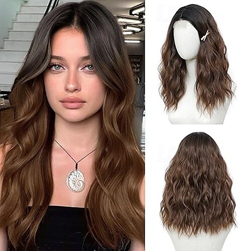 parrucche di media lunghezza per donna parrucca sintetica ondulata con riga centrale e ciocche migliorate, parrucca di capelli naturali per uso quotidiano per feste/Halloween del 2025 a $19.49 –P5