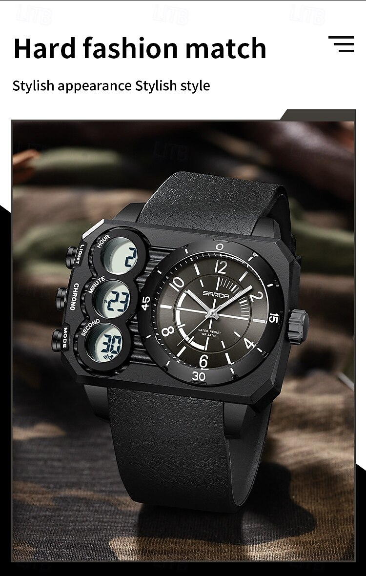 SANDA Мужчины электронные часы На открытом воздухе Мода Повседневные часы Наручные часы Светящийся будильник С тремя часовыми поясами Календарь ТПУ Часы 2026 - $26.99 –P3