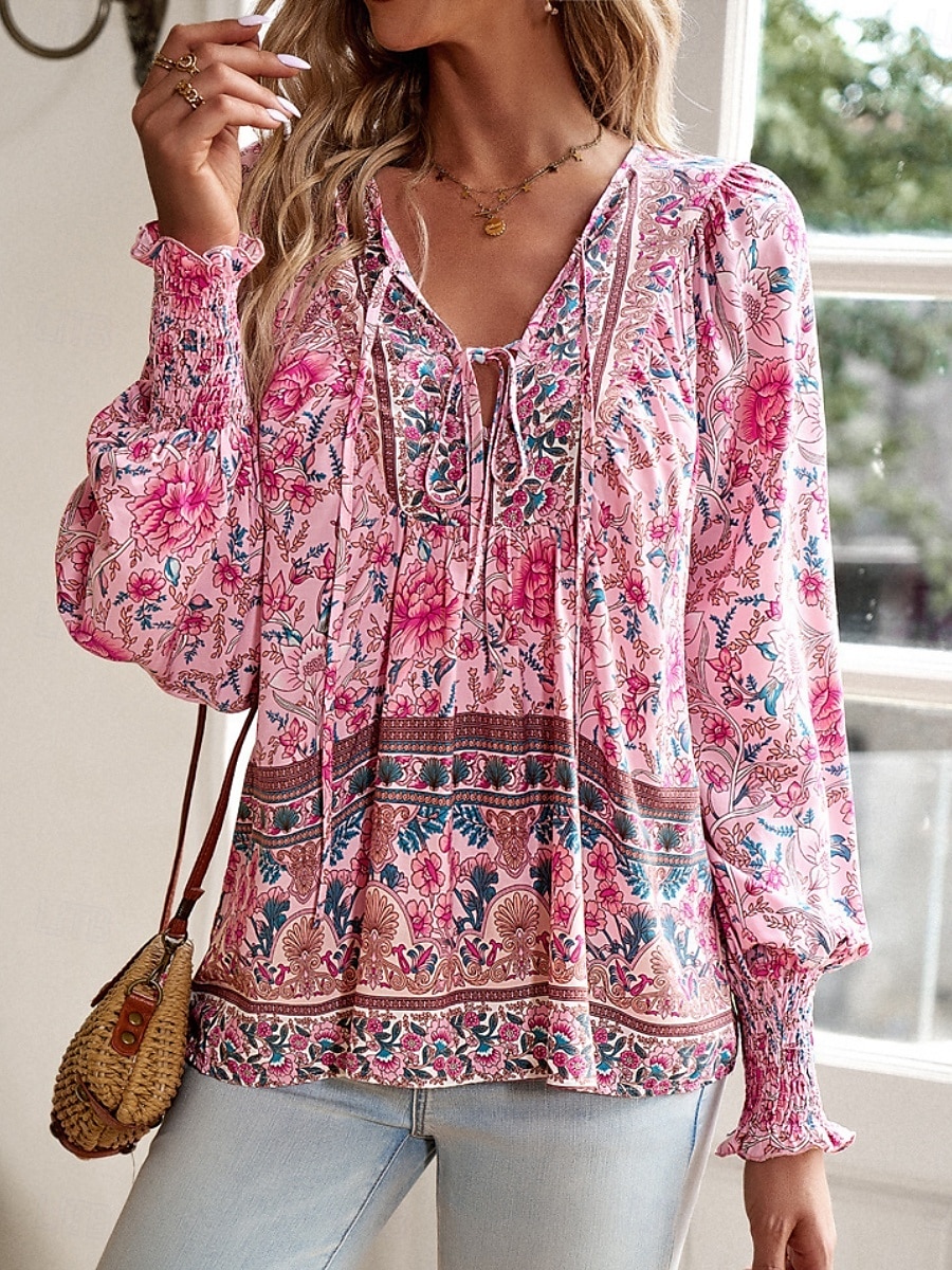 Dame Skjorte Bluse Blomstret Bohem Fritid Langermet V-hals Vanlige topper Daglig Trykt mønster Gul Rosa Navyblå Blå Oransje Sommer Vår Høst 2025 - $29.99 –P2