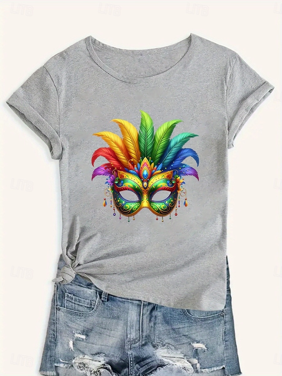 Mardi gras Damskie Podkoszulek Graficzny Codzienny Krótki rękaw Okrągły dekolt Zwykłe topy Codzienny Nadruk Czarny Biały Szary Lato 2025 - $19.99 –P5
