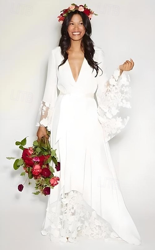 Abiti da Sposa Abito da Sposa in Spiaggia A-Line V Collo Maniche Lunghe Lunghezza Piena Chiffon Abiti da Sposa con Fusciacca  Nastro Colore Unito del 2025 a $210.99 –P1