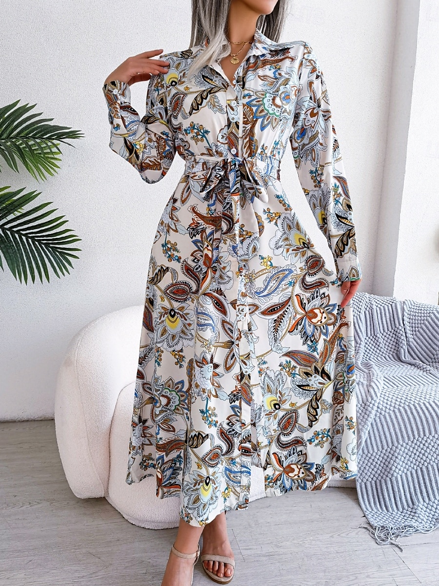 Naisten Maksimekko Rento mekko A linjainen mekko Boho-mekko Böömi Tyylikäs Vapaa-aika Loma Päivittäin Normaali Paisley-kuvio Pitkähihainen Paitapuserokaula-aukko Valkoinen Kuninkaallinen sininen 2025 - $41.99 –P8