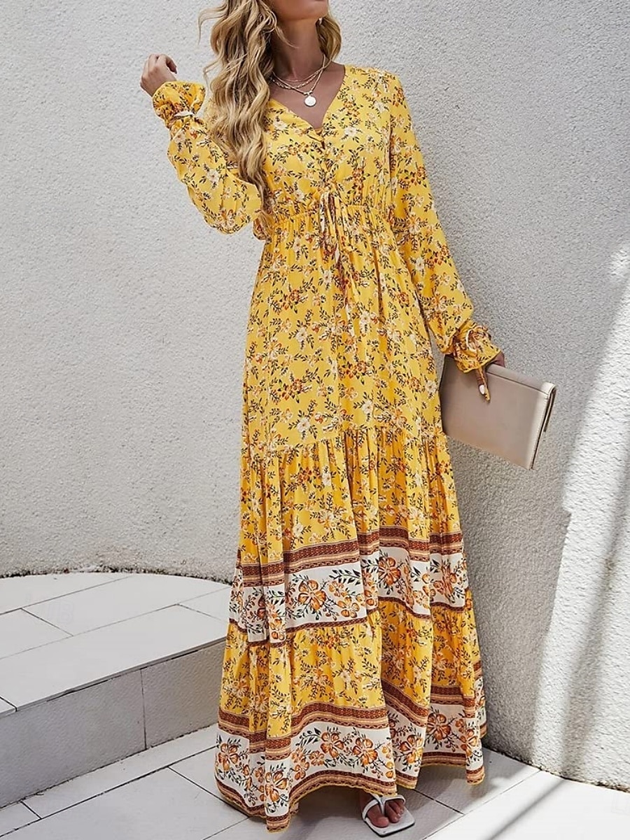 Damen Maxidress Casual kleid Schaukelkleid Langärmliges Boho-Kleid A Linie Kleid Böhmen Brautkleider schlicht Urlaub Täglich Regular Fit Blumen Langarm V Ausschnitt Gelb Rosa Blau Frühling Herbst 2025 - $38.99 –P8