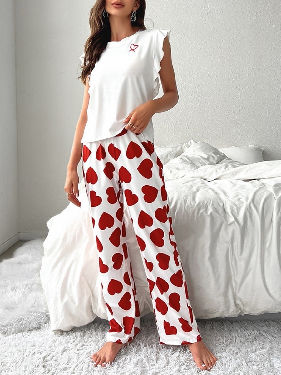 Women's Pajama Set Casual Comfort Heart Ruffle Elastic Waist Tank Top Pant Home Valentine's Day Daily Sleeveless Crew Neck Black Pink Red Summer Spring Fall Regular Fit 2025 - $21.99 –P1