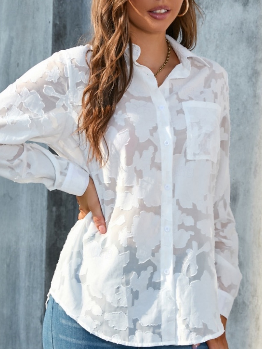 Kvinners hvite elegante blonde topper øyelet bluse uformell ensfarget vanlig topper lang erm skjortekrage knapper lomme vanlig passform daglig romantiske petite topper sommerferie slitasje hvit gul 2025 - $21.99 –P3