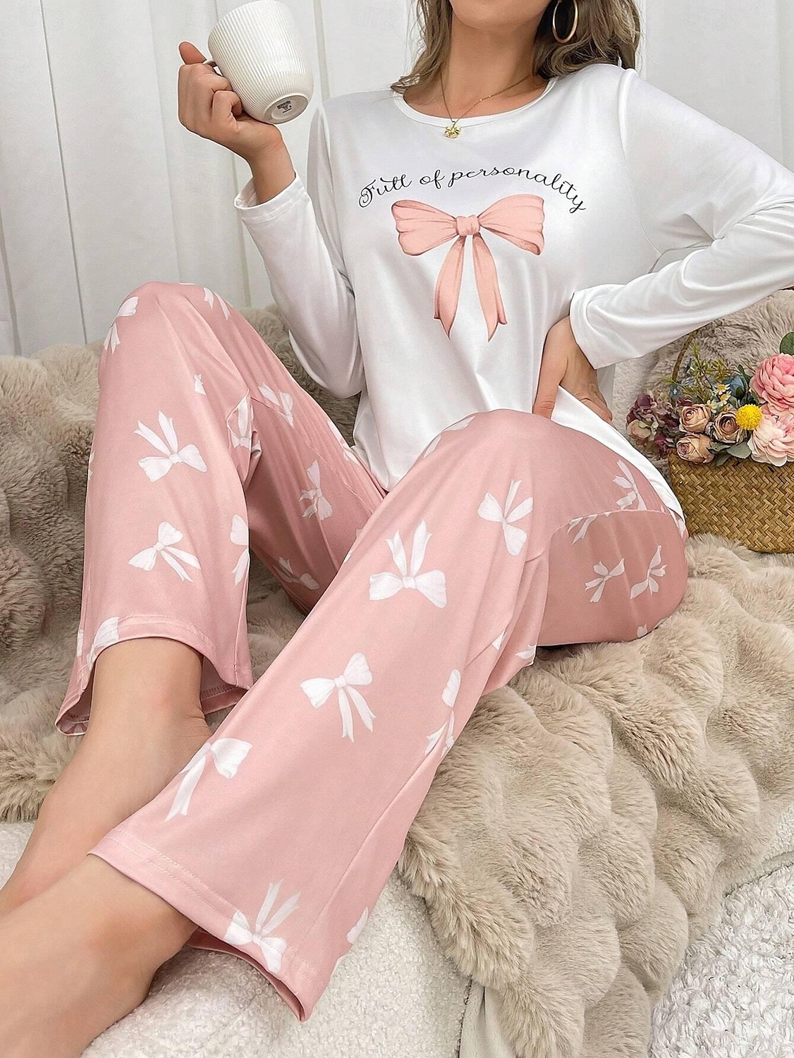 Dam Pyjamas set Ledigt Komfort Comfrt Hjärta T-shirt Byxa Hem Långärmad Rund hals Rodnande Rosa Vår Höst Vinter 2025 - $31.99 –P2