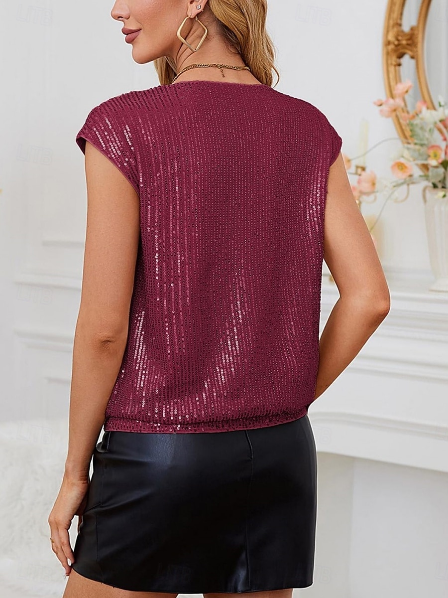 Damen Spaghetti-Top einfarbig Basic lässig ärmellos V-Ausschnitt reguläre Tops täglichen Pailletten Schwarz Wein Sommer Frühling 2025 - $17.49 –P10