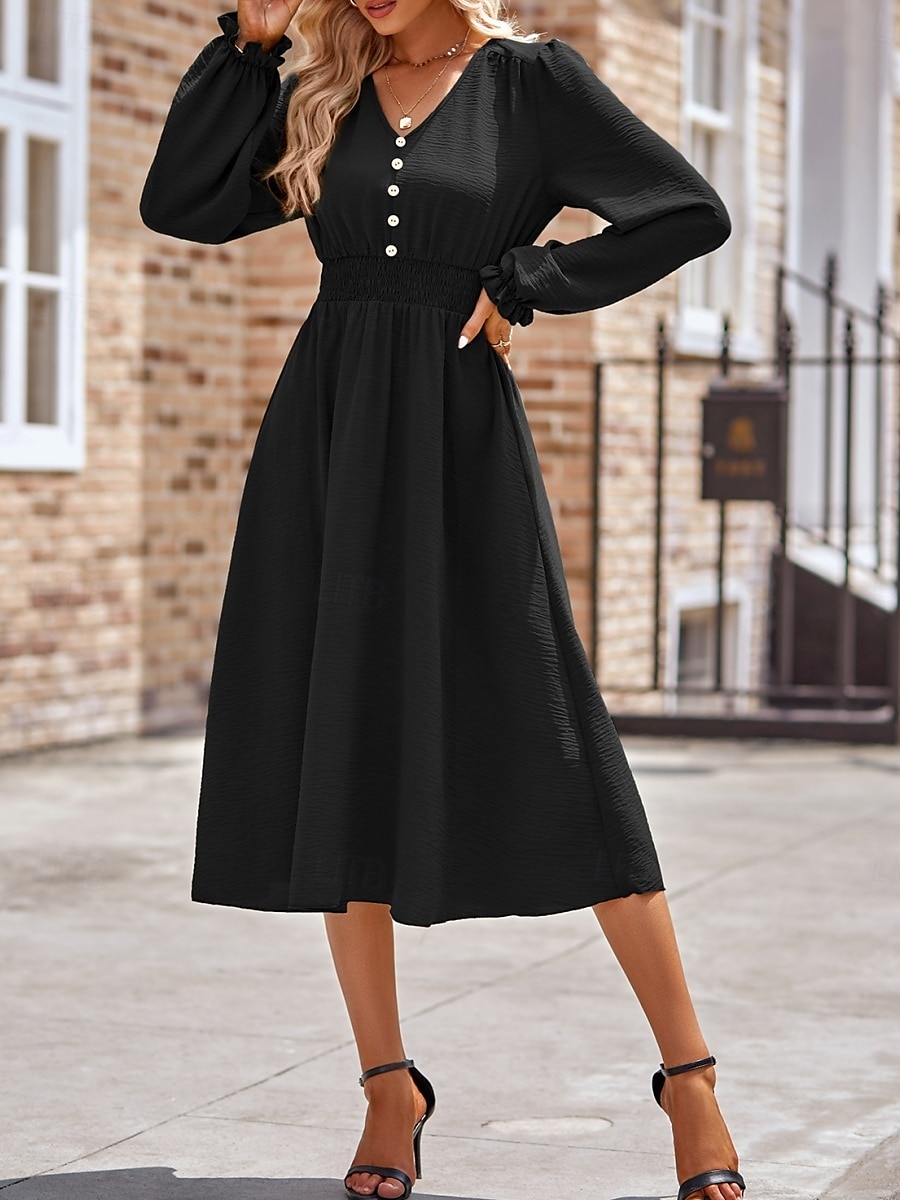Damen Midikleid Casual kleid A Linie Kleid Stilvoll Basic Brautkleider schlicht Urlaub Täglich Regular Fit Glatt Langarm V Ausschnitt Schwarz Armeegrün Sommer Frühling 2025 - $38.99 –P12