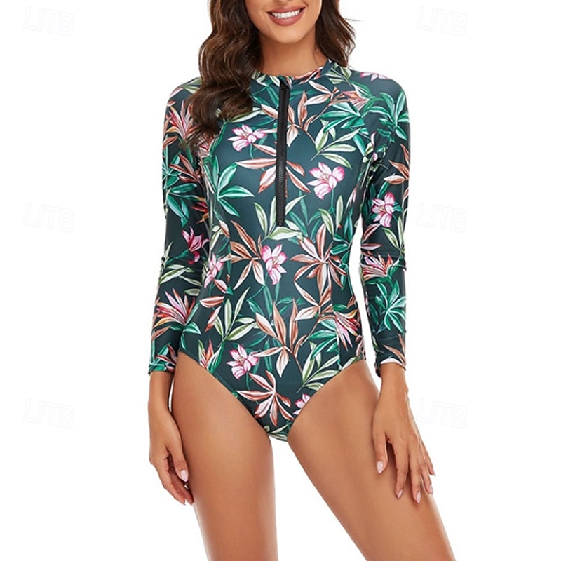 Γυναικεία Προστατευτικά Μαγιό Άνθινο Εκτυπωμένο Μποστινό Φερμουάρ Γρήγορο Στέγνωμα Ελαφρύ Αναπνέει Μακρυμάνικο Κορμάκι Μαγιό Σέρφινγκ Παραλία Θαλάσσια Σπορ Καλοκαίρι 2026 - $22.99 –P8