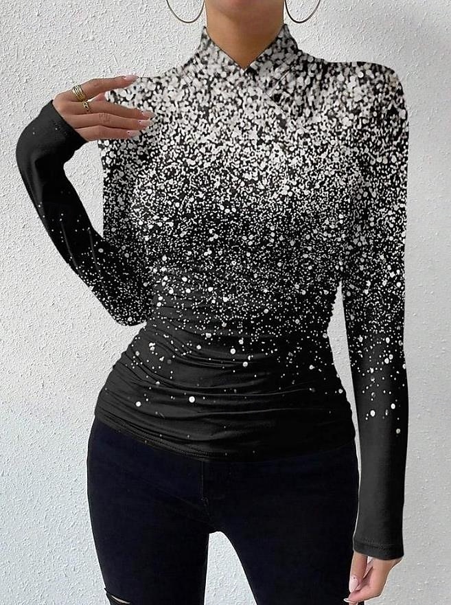 Damen T Shirt Farbverlauf Brautkleider schlicht Langarm V Ausschnitt Stehkragen Normale Oberteile Urlaub Täglich Bedruckt Asymmetrisch Silber Schwarz Rosa Frühling & Herbst 2025 - $27.99 –P7