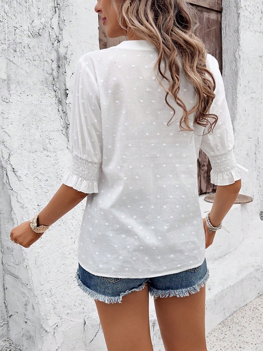Damen Hemd Bluse Feste Farbe Basic Brautkleider schlicht Halbe Ärmel Gekerbter Hals Normale Oberteile Täglich Bestickt Weiß Rosa Grün Sommer Frühling & Herbst 2025 - $39.99 –P3