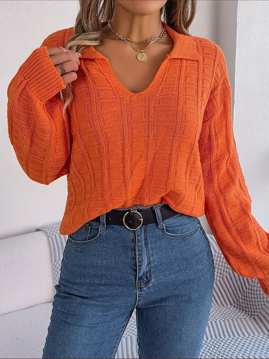 Women's Sweater Casual Soft Pure Color Ribbed V Neck Knitted Long Sleeve Regular Tops Knit Outdoor Daily Weekend White Orange Spring Fall 2025 - $33.99 –P4