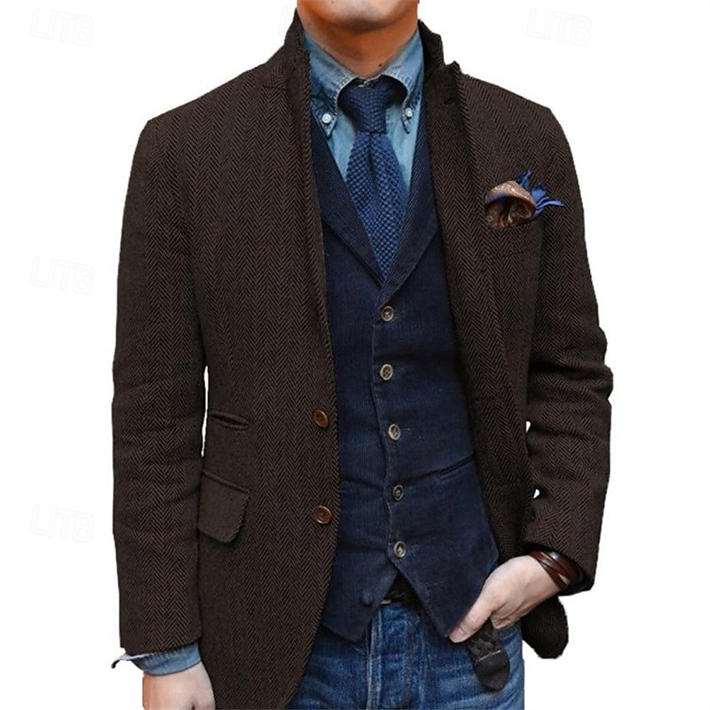 Blazer de tweed retro vintage para hombre, blazer de espiga, chaqueta deportiva, talla grande, botonadura sencilla, dos botones, negro, champán, burdeos, azul 2025 - $95.99 –P8