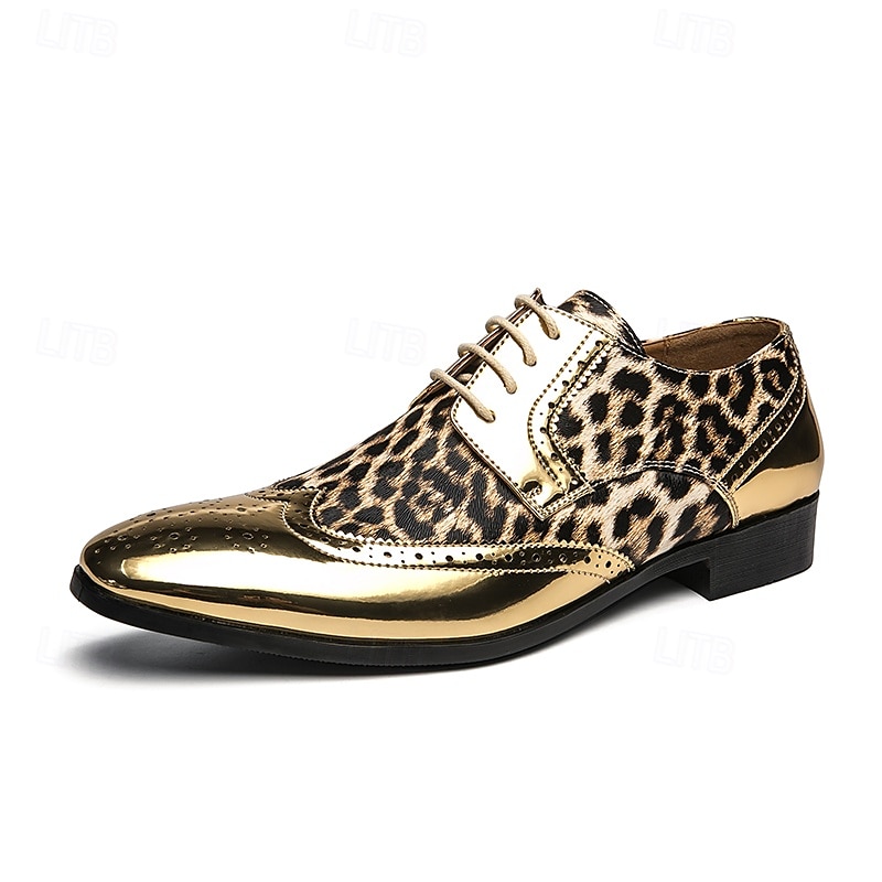 scarpe oxford da uomo con stampa leopardata dorata – design audace in vernice con dettagli brogue per feste e spettacoli teatrali del 2025 a $54.99 –P2