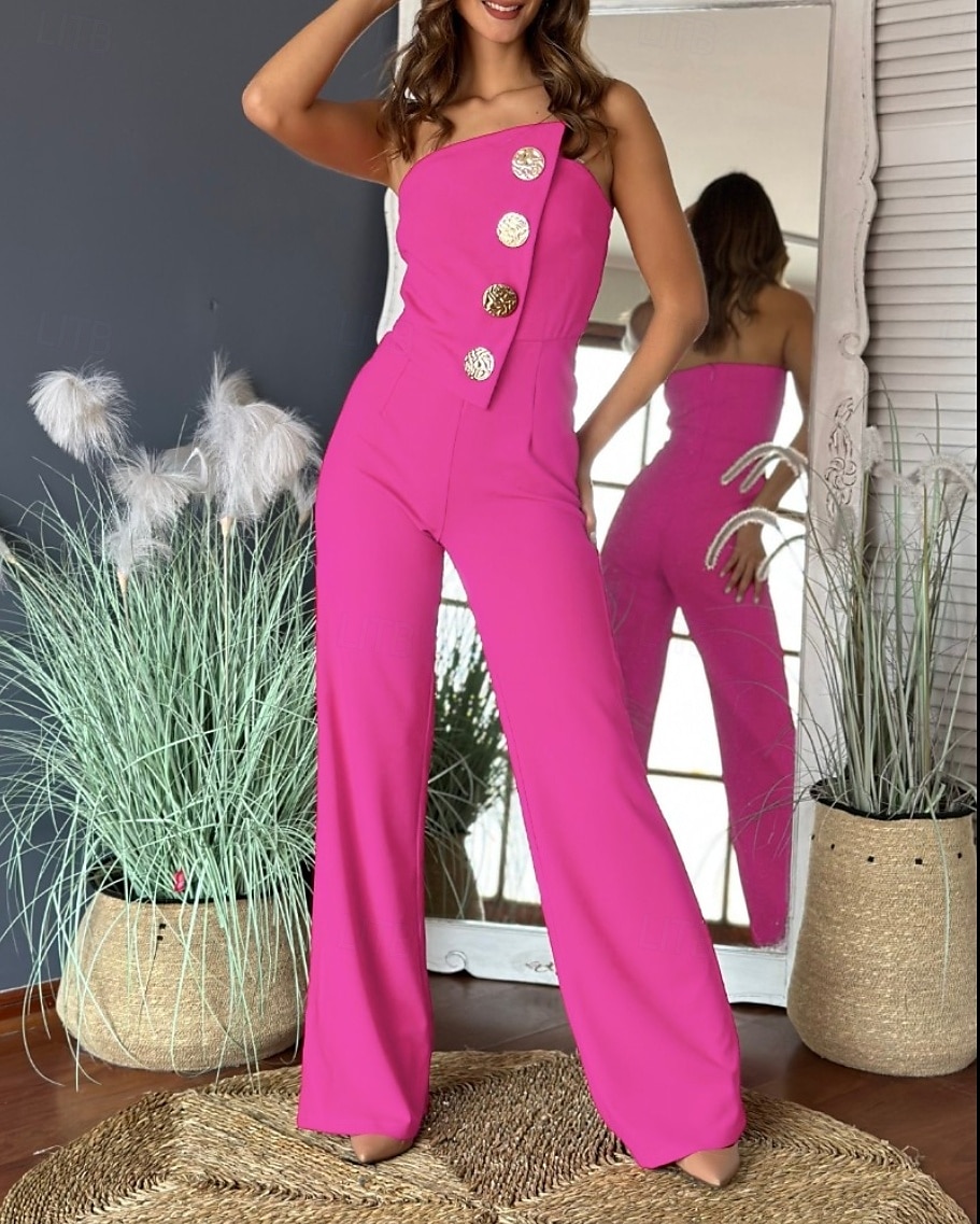 Dames Normaal Jumpsuit Elegant Effen Kleur Mouwloos Breed Been Strapless Knop Dagelijks Normale pasvorm Zwart Wit Rood Zomer 2025 - $36.99 –P9