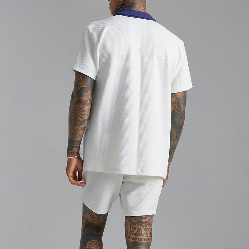 Per uomo 2 pezzi Completo di camicia Set estivo Set abbinati Maglietta informale Camicia di velluto a coste Nero Bianco Manica corta Color Block Colletto Da mare Giornaliero Abbigliamento Di tendenza del 2025 a $41.99 –P3