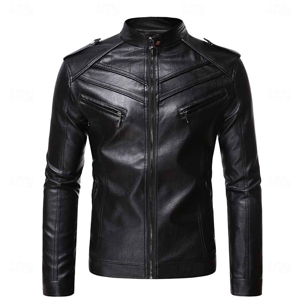 Men's Faux Leather Jacket Transition Jacket Casual Jacket Biker Jacket Casual Thermal Warm Rain Waterproof Faux Fur Trim Fall Pure Color Casual Stand Collar Regular Regular Faux Leather Regular Fit 2025 - $81.99 –P3