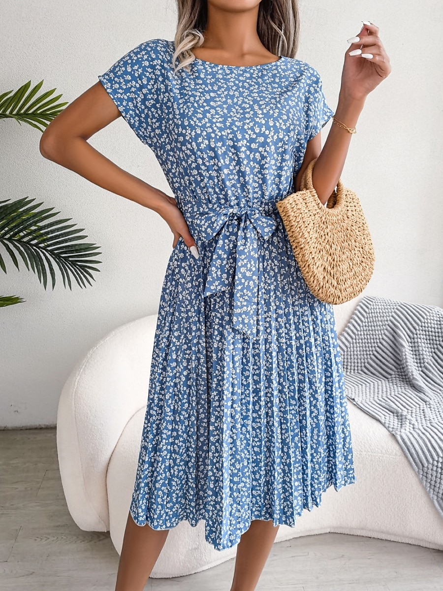 Women's Midi Dress Casual Dress A Line Dress Stylish Casual Vacation Daily Regular Fit Floral Short Sleeve Crew Neck Pink Light Blue Summer Spring 2025 - $36.99 –P5