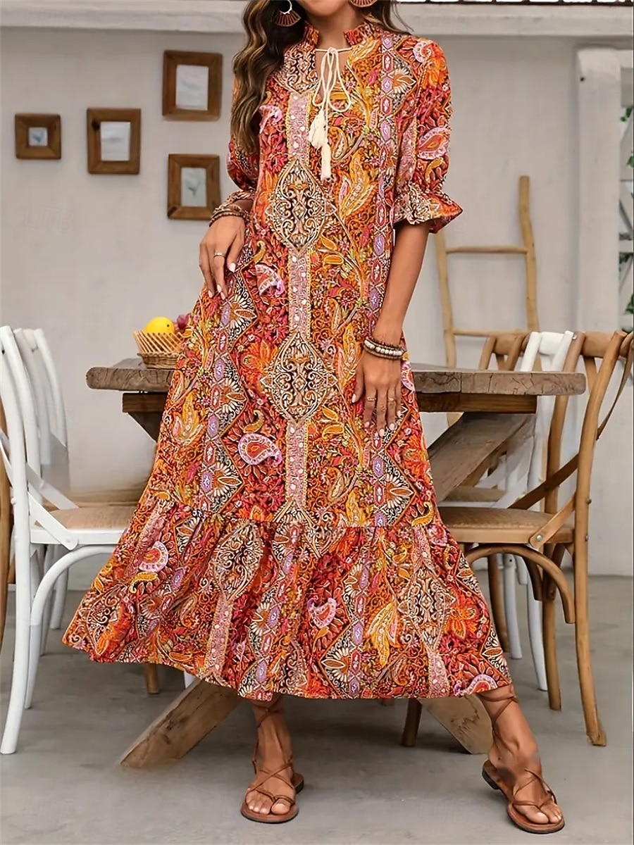 Women's Maxi Dress Casual Dress Boho Dress Cute Stylish Casual Vacation Daily Loose Fit Graphic 3/4 Length Sleeve V Neck Red Blue Orange Summer Spring Fall 2026 - $31.99 –P2