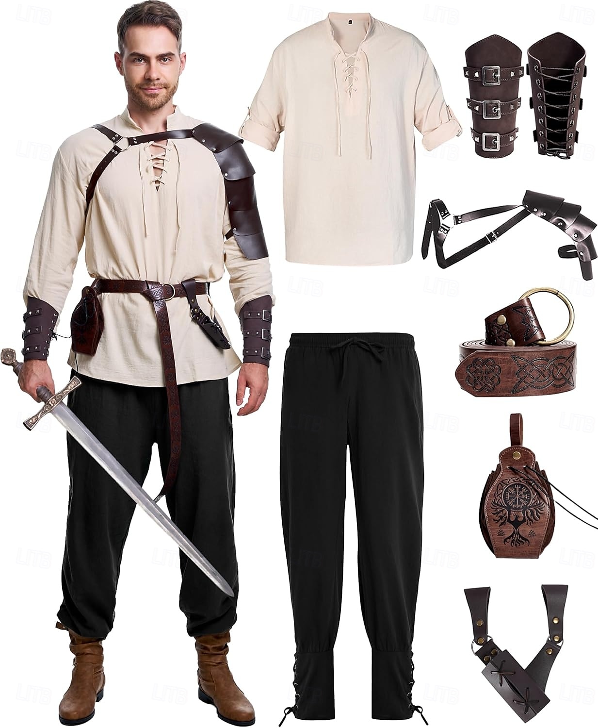 Rétro Vintage Médiéval Renaissance Pantalon Costume de cosplay Tenues Ren Faire Homme Viking Fantaisie Halloween Carnaval Mascarade Carnaval Performance LARP Adulte Chemise Pantalon Ceinture de 2025 ? $76.99 –P5