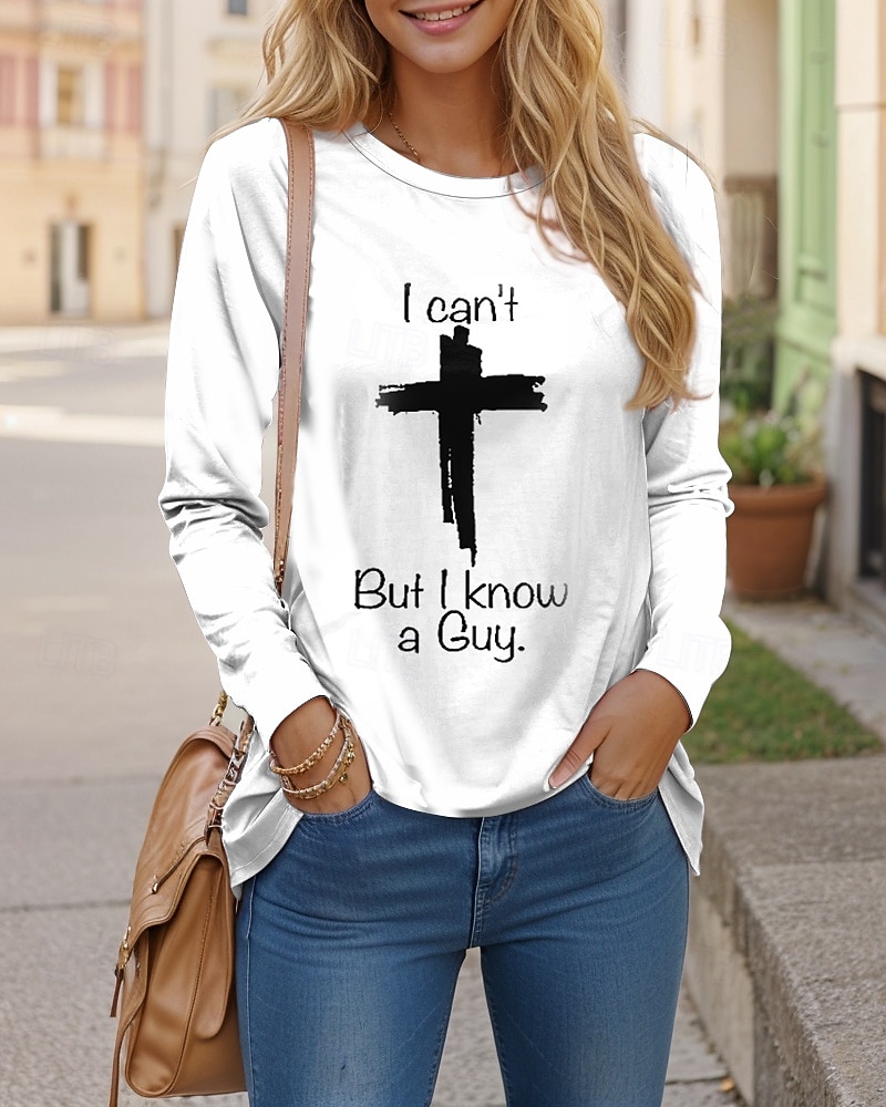 Женская футболка с длинным рукавом буквы крест повседневная круглый вырез обычные топы повседневный выход принт белый осень зима предосень 2025 - €19.84 –P2