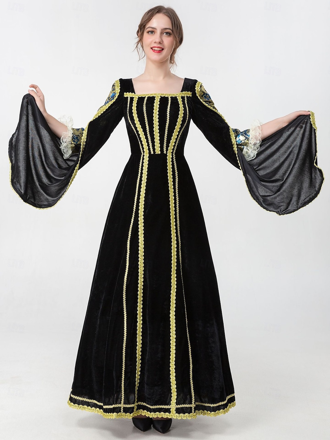 Mittelalterlich Renaissance Vintage-Kleid Maxi Kleid Glockenärmel Königin Wikinger Einfarbig Quadrathals Kostüm Damen königlich Halloween Karneval Maskerade Abschlussball Festival Erwachsene Kleid 2026 - $60.99 –P10