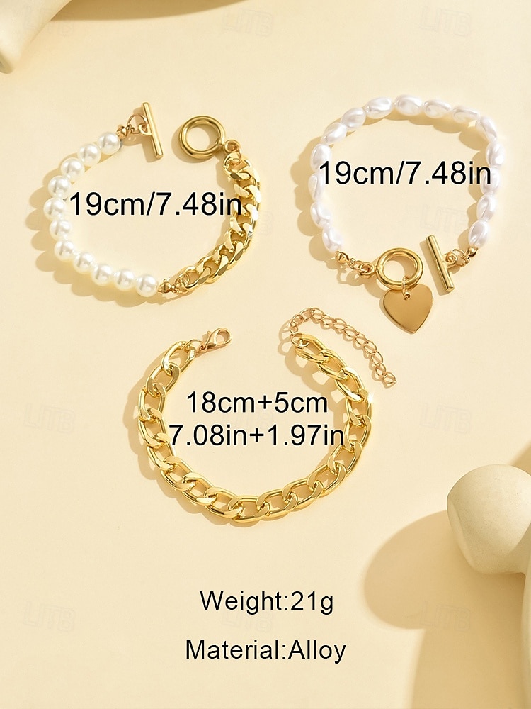 Gold Chain Bracelet Set with Heart Pendant and Faux Pearl Accents – Elegant Jewelry for Women, Perfect for Parties, Weddings, and Everyday Wear 2025 - $7.99 –P5