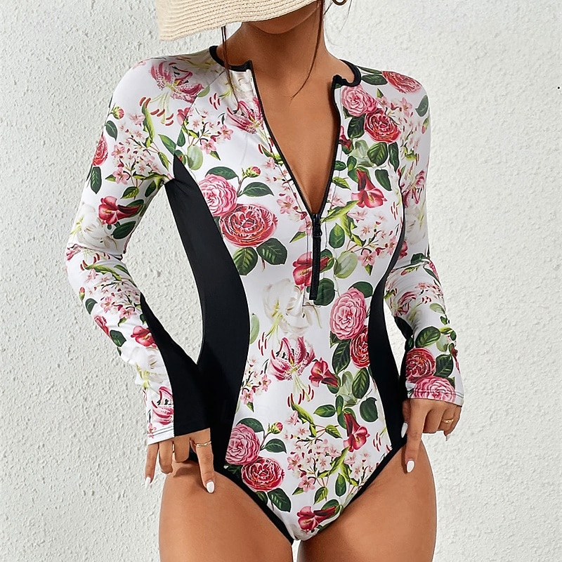 Women's Rash Guard One Piece Swimsuit Floral Printed Front Zip Quick Dry Lightweight Breathable Sleeveless Bodysuit Bathing Suit Surfing Beach Water Sports Summer 2026 - $25.99 –P5