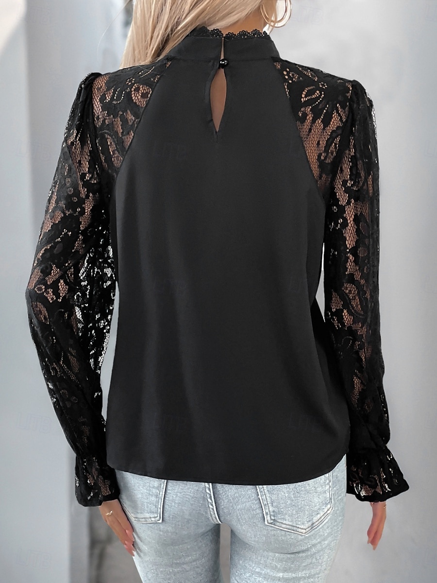 Women's Shirt Blouse Solid Color Basic Casual Long Sleeve Turtleneck Regular Tops Daily Lace Patchwork Black Summer Spring 2025 - $23.99 –P3