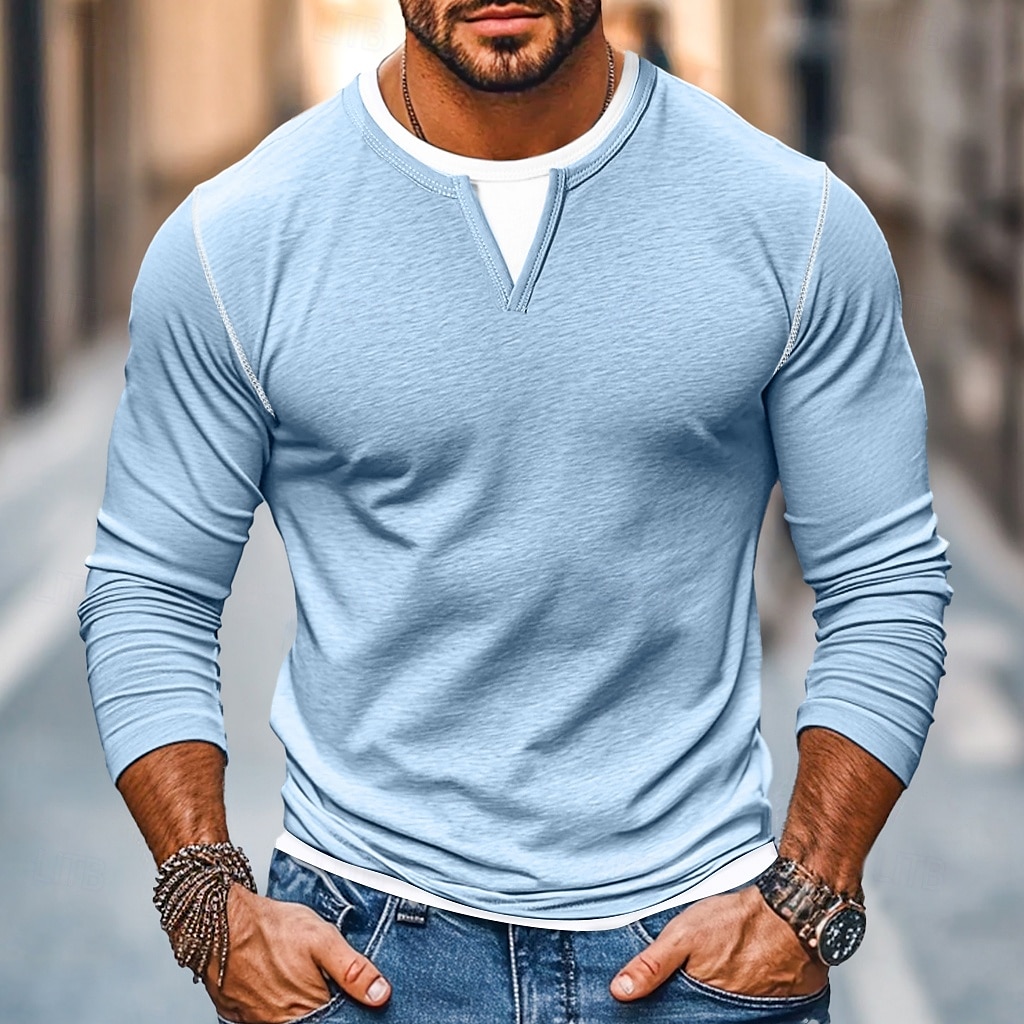 Herr Skjorta T-shirt med V-ringad Långärmad tröja Bambu-t-shirt Långärmad V-hals Vår & Höst Ensfärgat Lappverk Dagligen Ledigt Gatustil falska två stycken Utomhus Gata Casual Ljusblå Ljusgrön Mörkgrå 2025 - $25.99 –P3