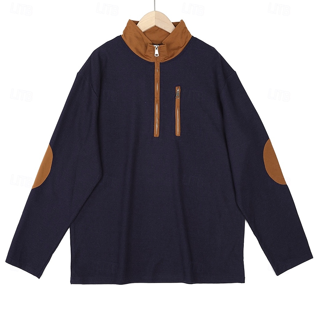 Men's T Shirt Waffle Knit Tee Tee Top Long Sleeve Shirt Long Sleeve Quarter Zip Spring & Fall Color Block Fashion Designer Basic Patchwork Zipper Vacation Street Going out Black Navy Blue khaki Top 2025 - $23.99 –P2