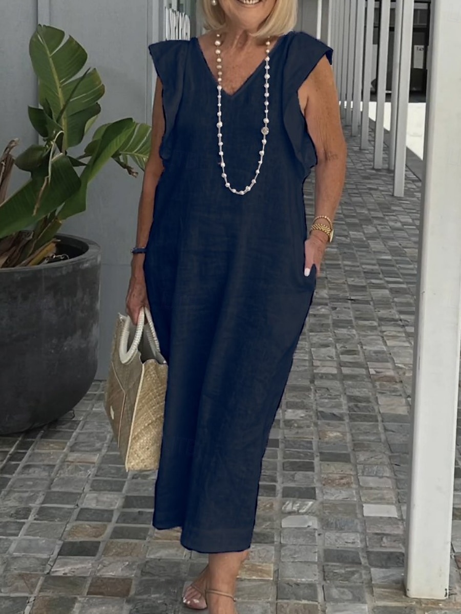 Per donna Abito maxi Abiti ispirati al lino Vestito Casual Vestito Canotta Elegante Essenziale Casual Vacanza Quotidiano Vestibilità regolare Semplice Senza Maniche Scollo a V Bianco Blu marino del 2025 a $26.99 –P6