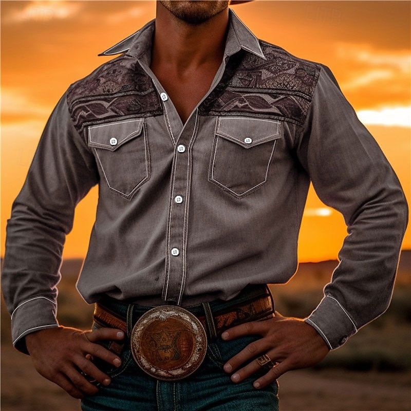 Hombre Tribal Impresión de pañuelo Camisa camisa occidental Manga Larga Camisa Cuello Vuelto Vintage Exterior Calle Casual Diario Rosa Rojo Azul S M L 2026 - $14.49 –P10