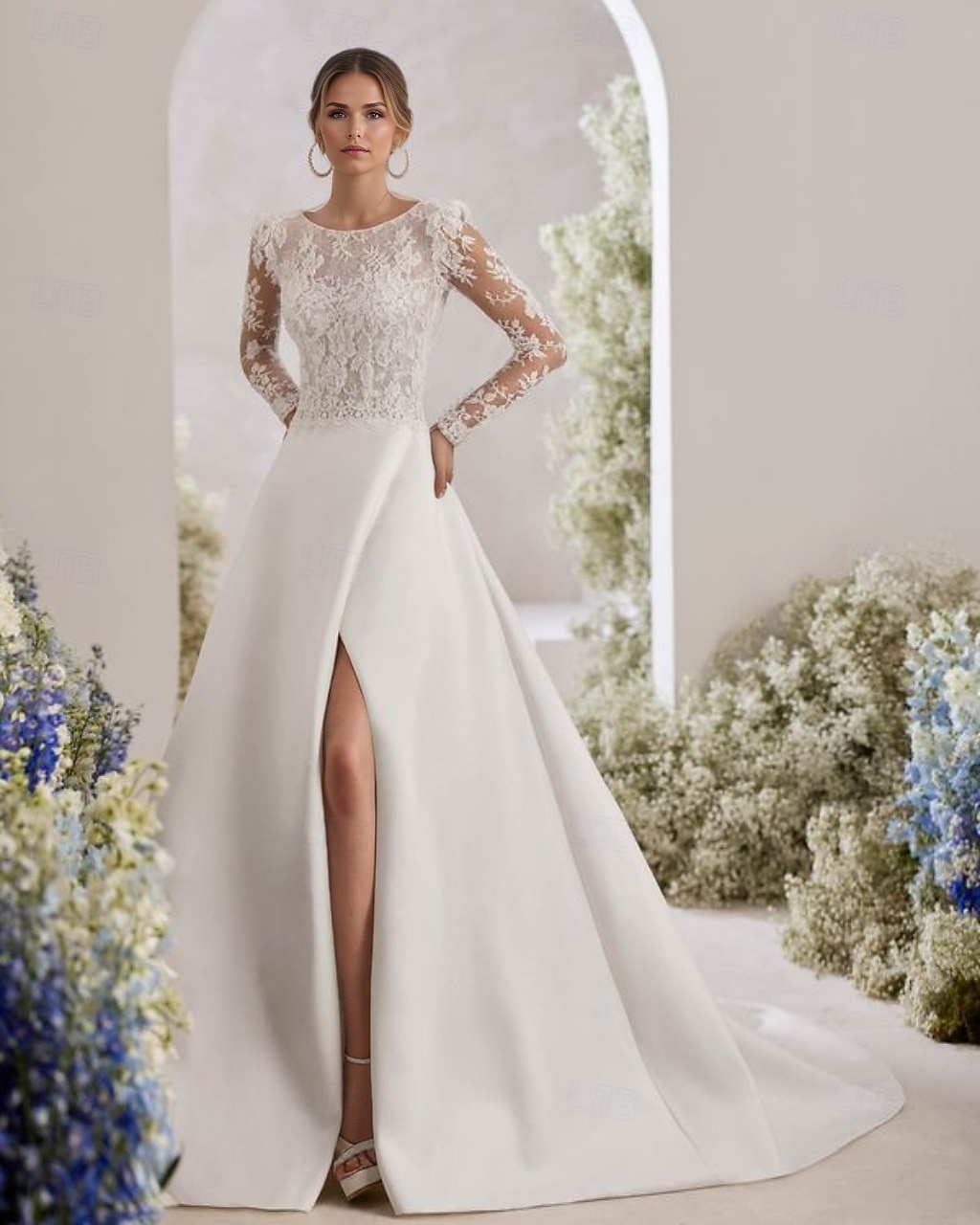 knee length dresses for ladies Modest Simple Solid Elegant White A-Line Satin Maxi Wedding Dress with –  DorrisDress main image 1