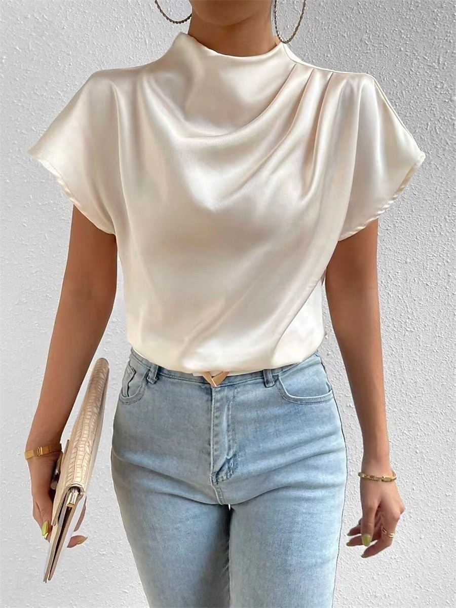 Dame Bluse Helfarge Daglig Stilfull Fritid Kortermet Crew-hals Vanlige topper Daglig Lapper Svart Hvit Rosa Sommer Vår Høst 2025 - $23.99 –P4