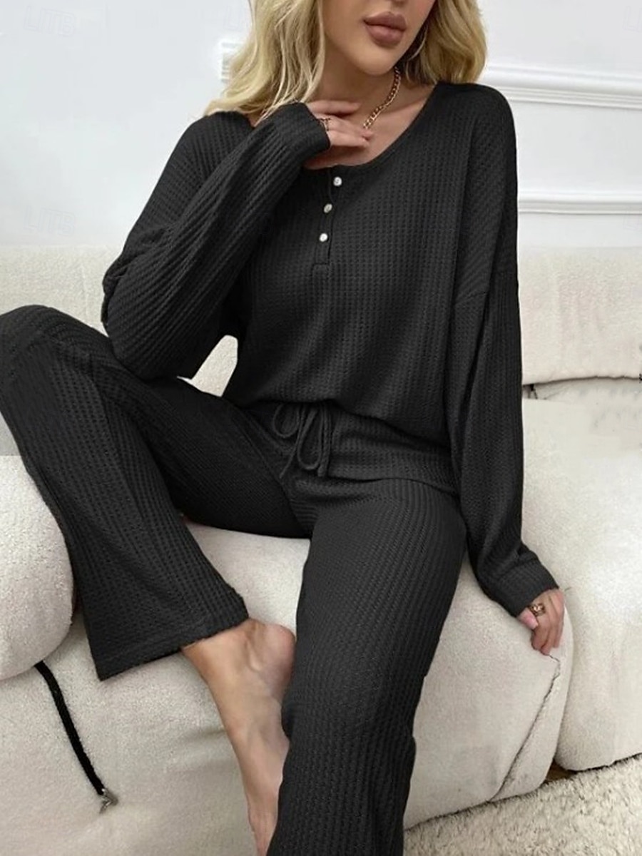 Women's Pajamas Loungewear 2 Pieces Casual Pure Color Patchwork Buttons T Shirt Pant Home Long Sleeve U Neck Black Pink Light Grey Spring Fall Winter Tailored Fit 2026 - $32.99 –P5