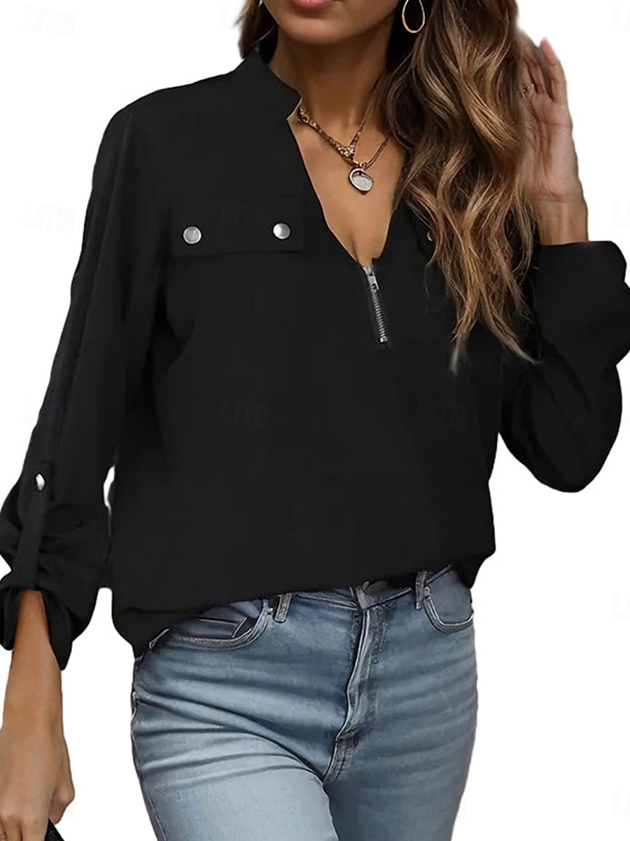 Per donna Camicia Tinta unica Elegante Moda Informale Manica lunga A V Da mare Feste Giornaliero Nero Primavera Autunno del 2025 a $24.99 –P5