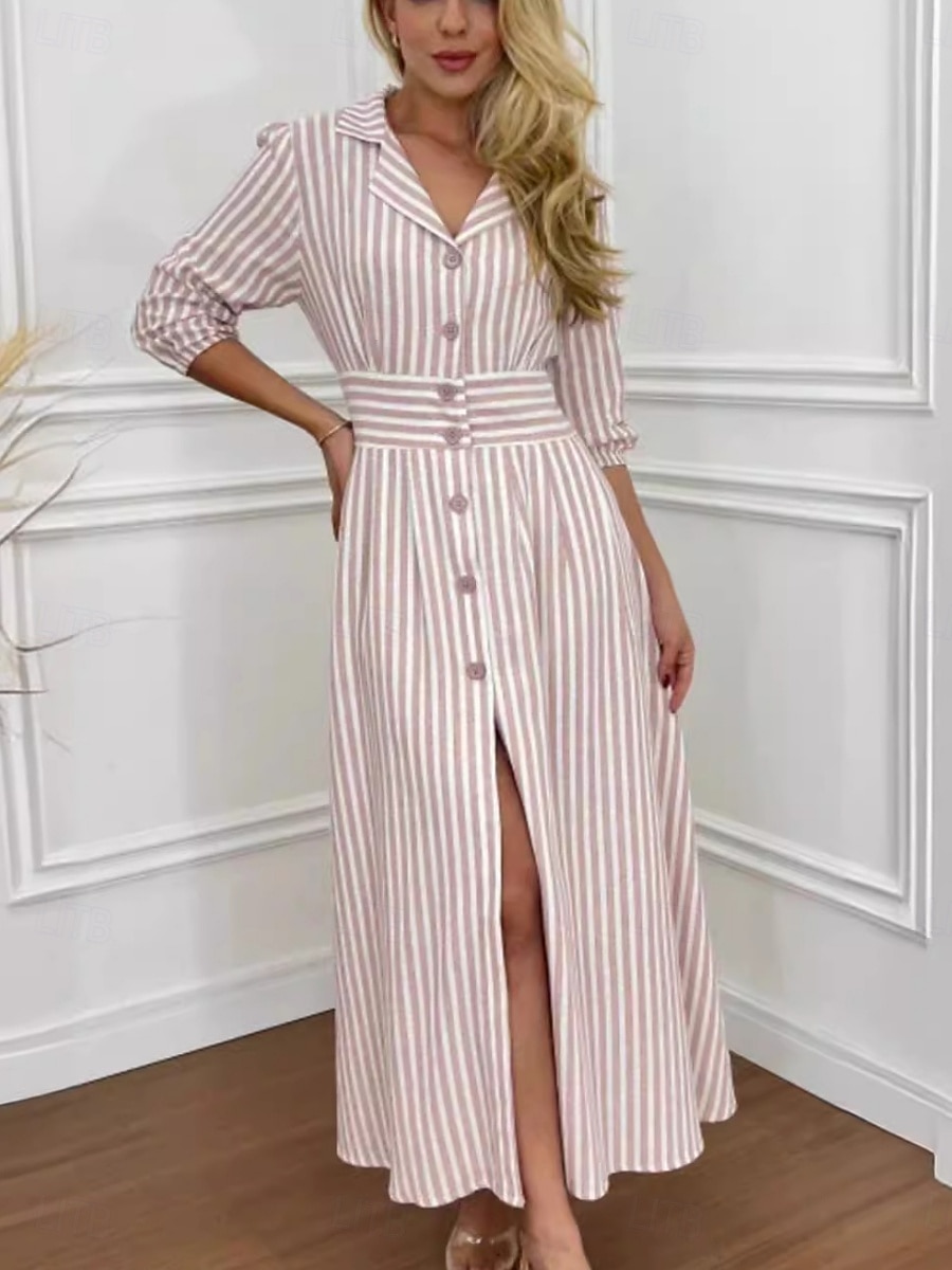 dames gestreepte overhemdkraag maxi-jurk 3/4 mouw zomer lente 2025 - $42.99 –P3