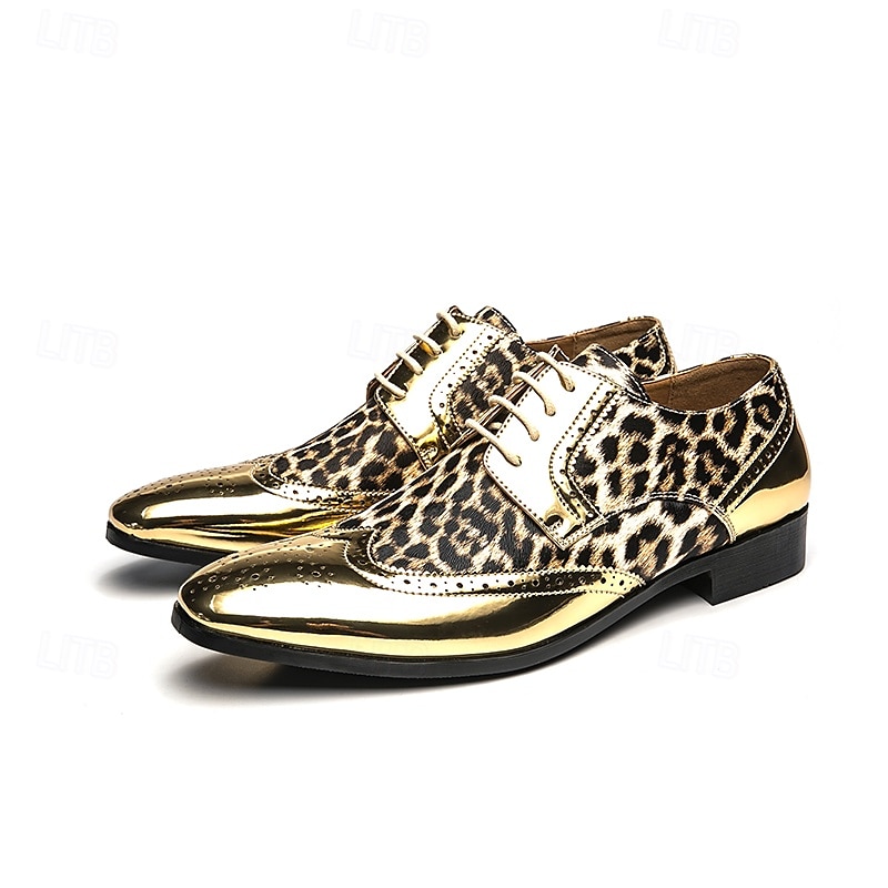 scarpe oxford da uomo con stampa leopardata dorata – design audace in vernice con dettagli brogue per feste e spettacoli teatrali del 2025 a $54.99 –P3