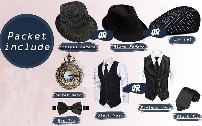 Velký Gatsby Gentleman Gangster Retro Řvoucí 20s 20. léta 20. století Úbory Kamizelka Panamský klobouk Sada příslušenství Pánské Kostým Retro Kostýmová hra Maturitní ples Festival Nákrčník Vánoce 2025 - $44.99 –P1
