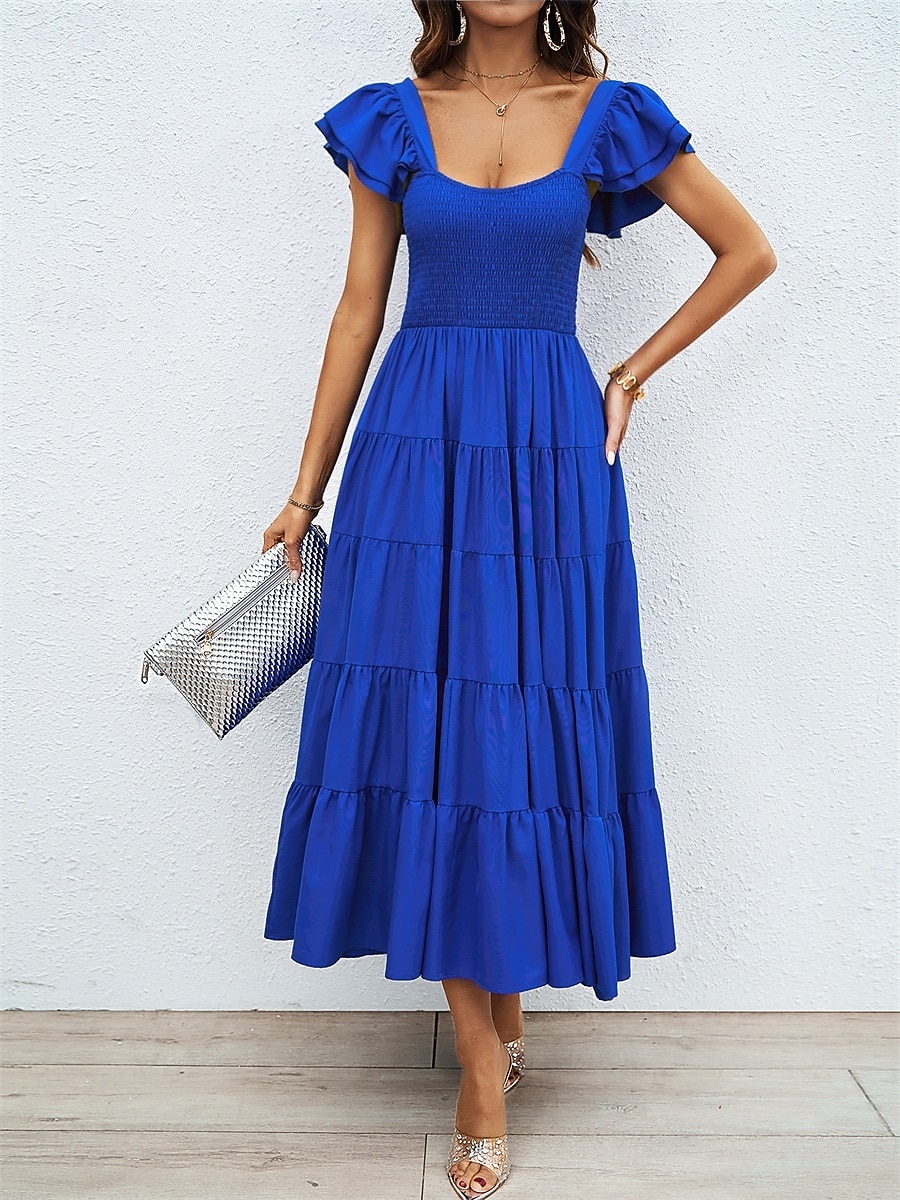 فستان نسائي متوسط الطول برقبة مربعة وأكمام قصيرة للصيف والربيع 2025 - $52.99 –P1