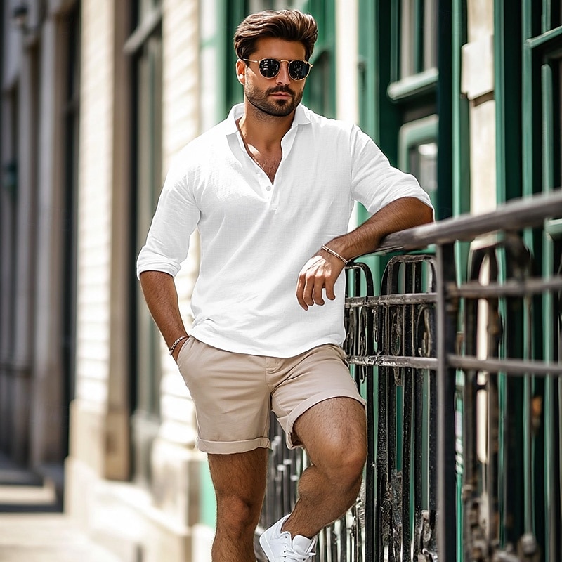 Per uomo Camicia camicia di lino Camicia estiva Abbigliamento mare Liscio Da mare Informale Bianco Cachi Grigio chiaro Azzurro Manica lunga Bavero Primavera estate Abbigliamento del 2025 a $26.99 –P5