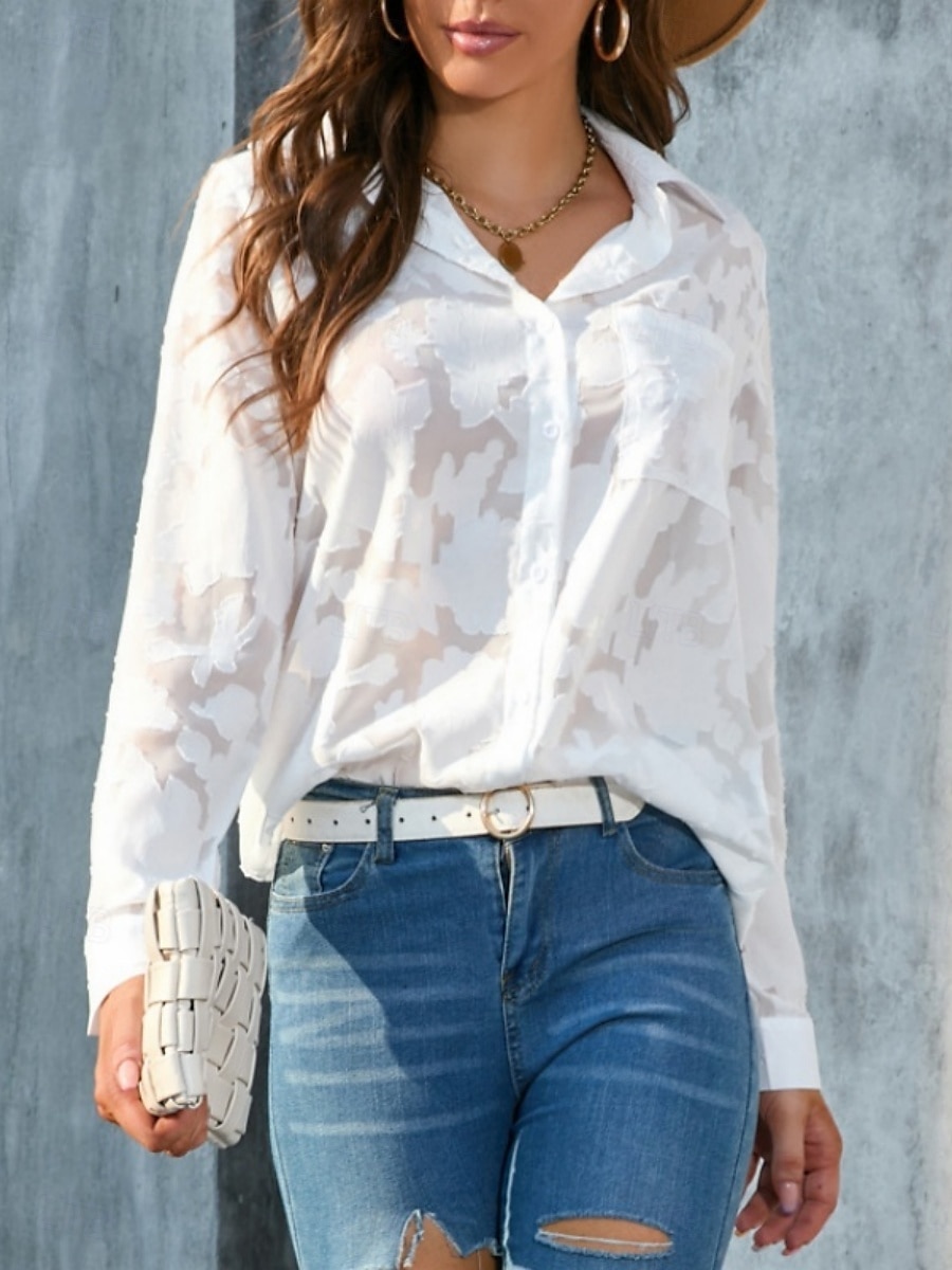 Kvinners hvite elegante blonde topper øyelet bluse uformell ensfarget vanlig topper lang erm skjortekrage knapper lomme vanlig passform daglig romantiske petite topper sommerferie slitasje hvit gul 2025 - $21.99 –P7