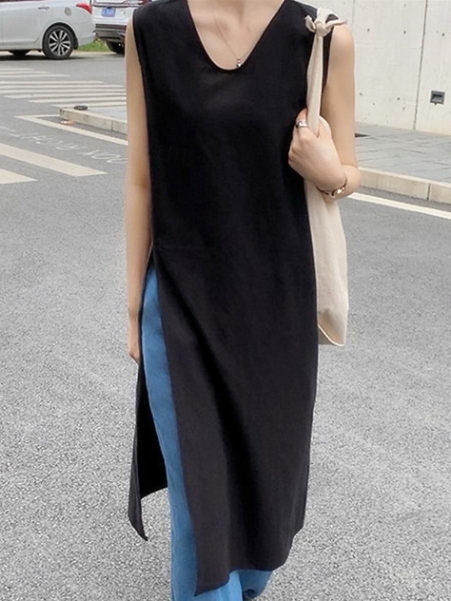Femme Normal Robe mi-longue Robe en lin mode Décontractées du quotidien Plage Standard Plein Sans Manches Col V Noir Abricot Eté de 2025 ? $46.99 –P5