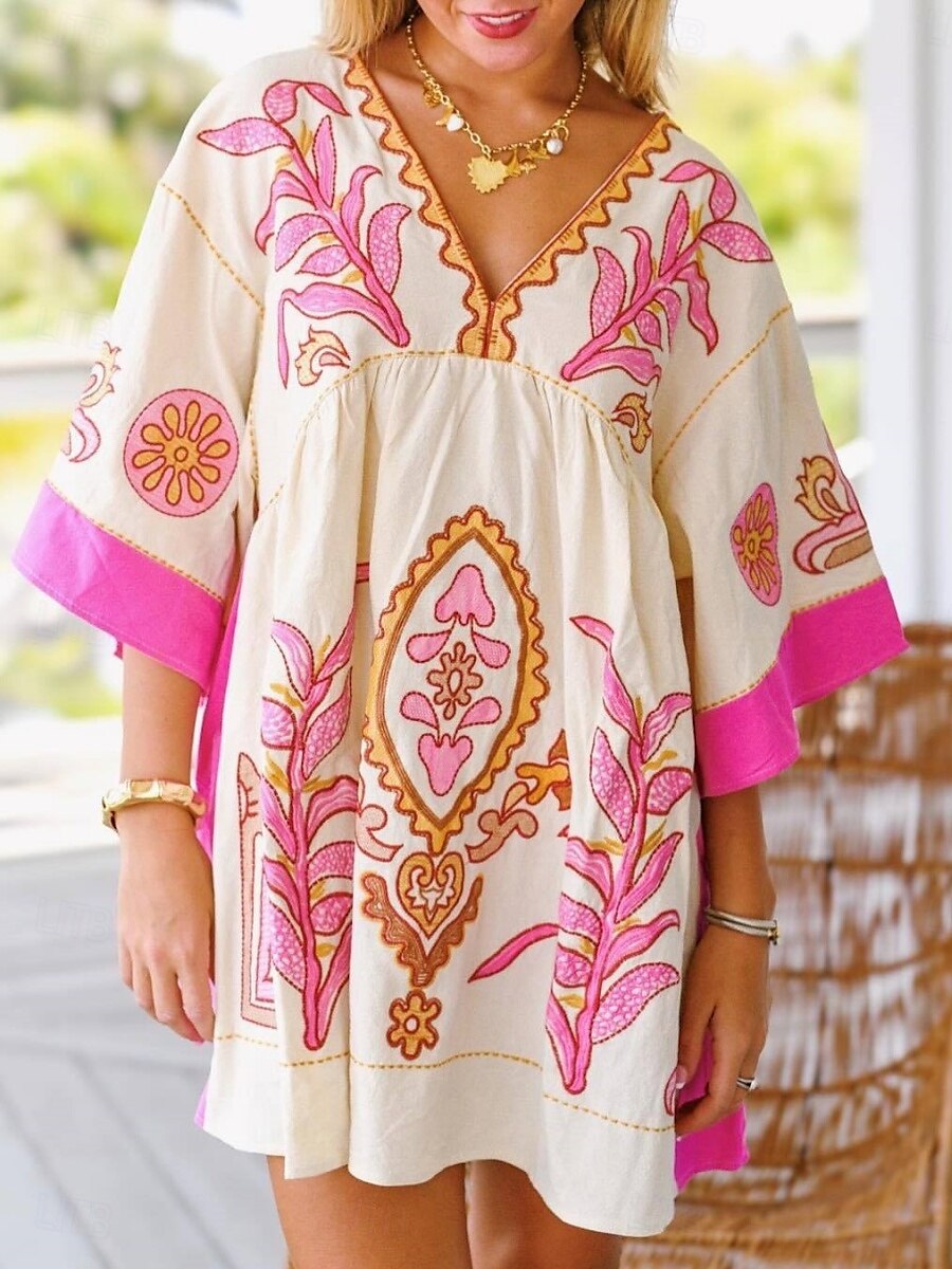 Damskie Sukienka mini Codzienne sukienki Sukienka Boho Bohema Zabytkowe Codzienny Urlop Codzienny Regularny Kwiaty Rękaw 3/4 W serek Fuksja Pomarańczowy Zielony Wiosna Jesień 2025 - $41.99 –P1