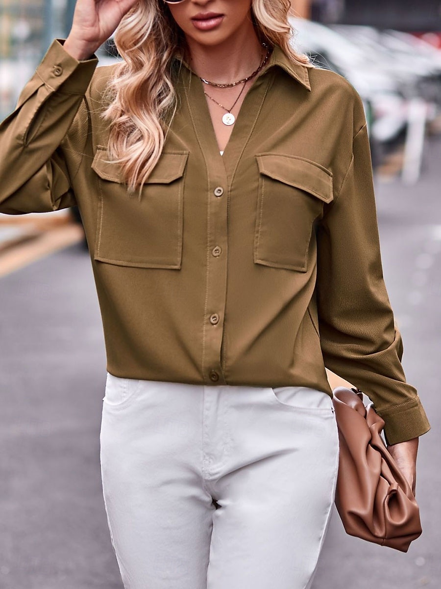 Dames Overhemd Effen Kleur Stijlvol Casual Lange mouw Overhemdkraag Normale tops Feest Werk Dagelijks Zak Leger Groen Rood Kameel Lente Herfst Winter 2025 - $24.99 –P8